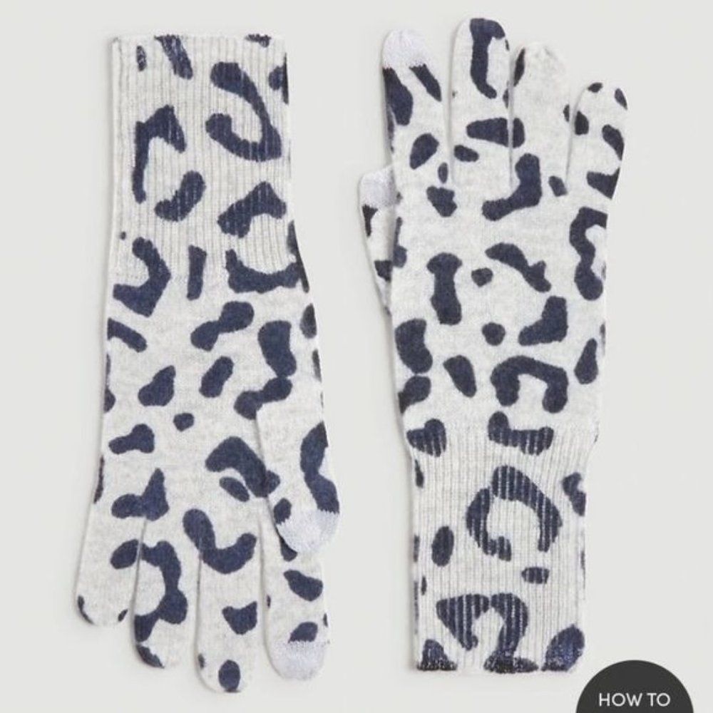 LOFT 100% Cashmere Leopard Animal Print Gloves Light Grey Black Luxury
